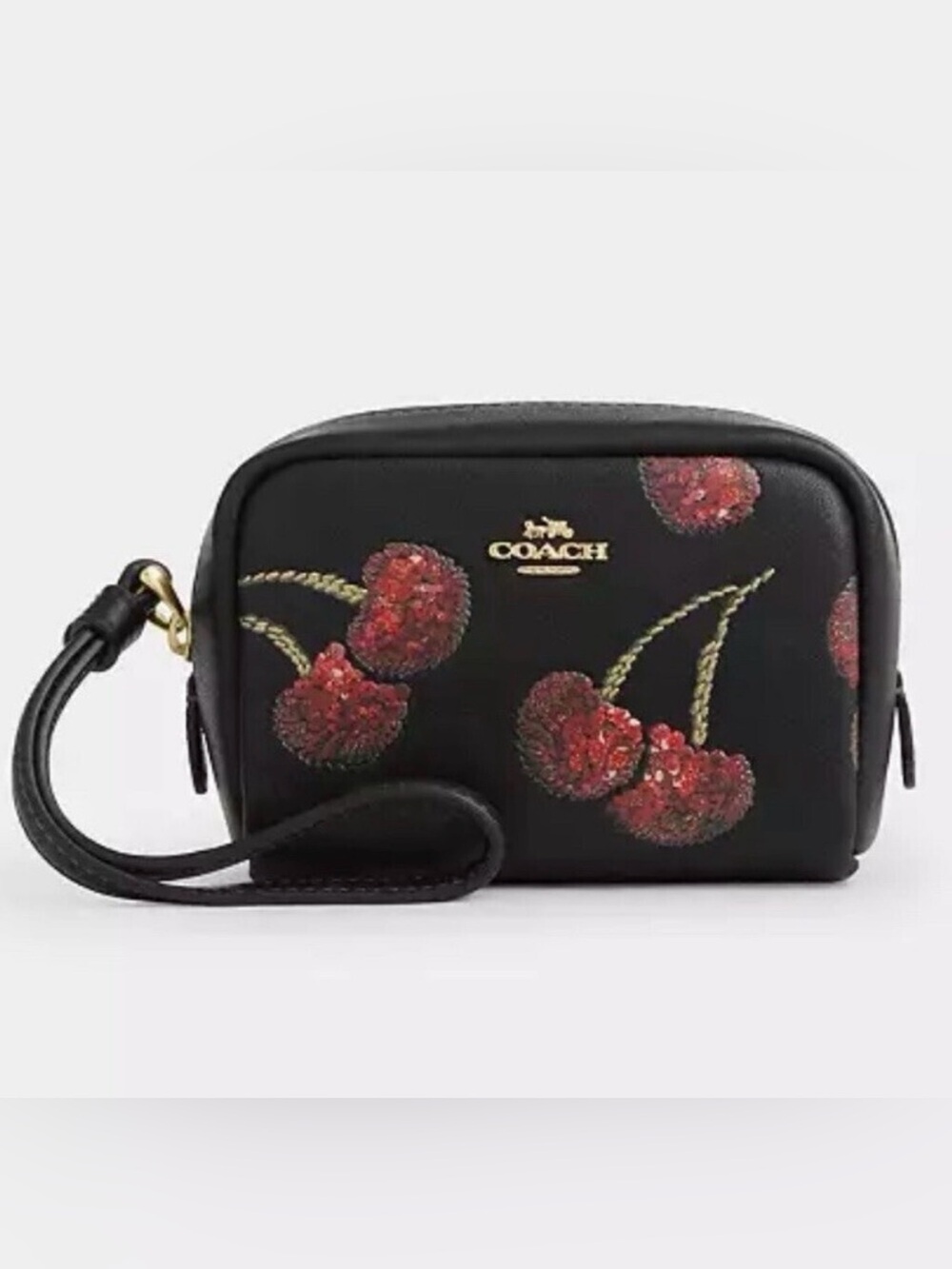 CDF01 Coach black wristlet/pouch with sequin cherries print